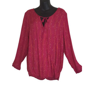 Vintage Lucky Brand Top Womens XL BOHO Peasant Burgundy Red Y2K Bohemian Floral